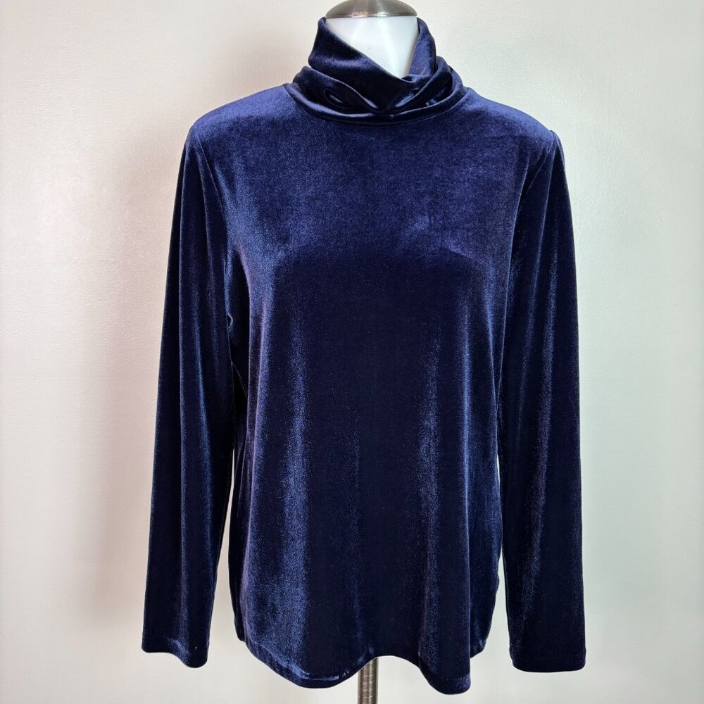 Talbots Top MP Blue Velvet Long‎ Sleeve Cowl Neck Stretch Blouse Women's